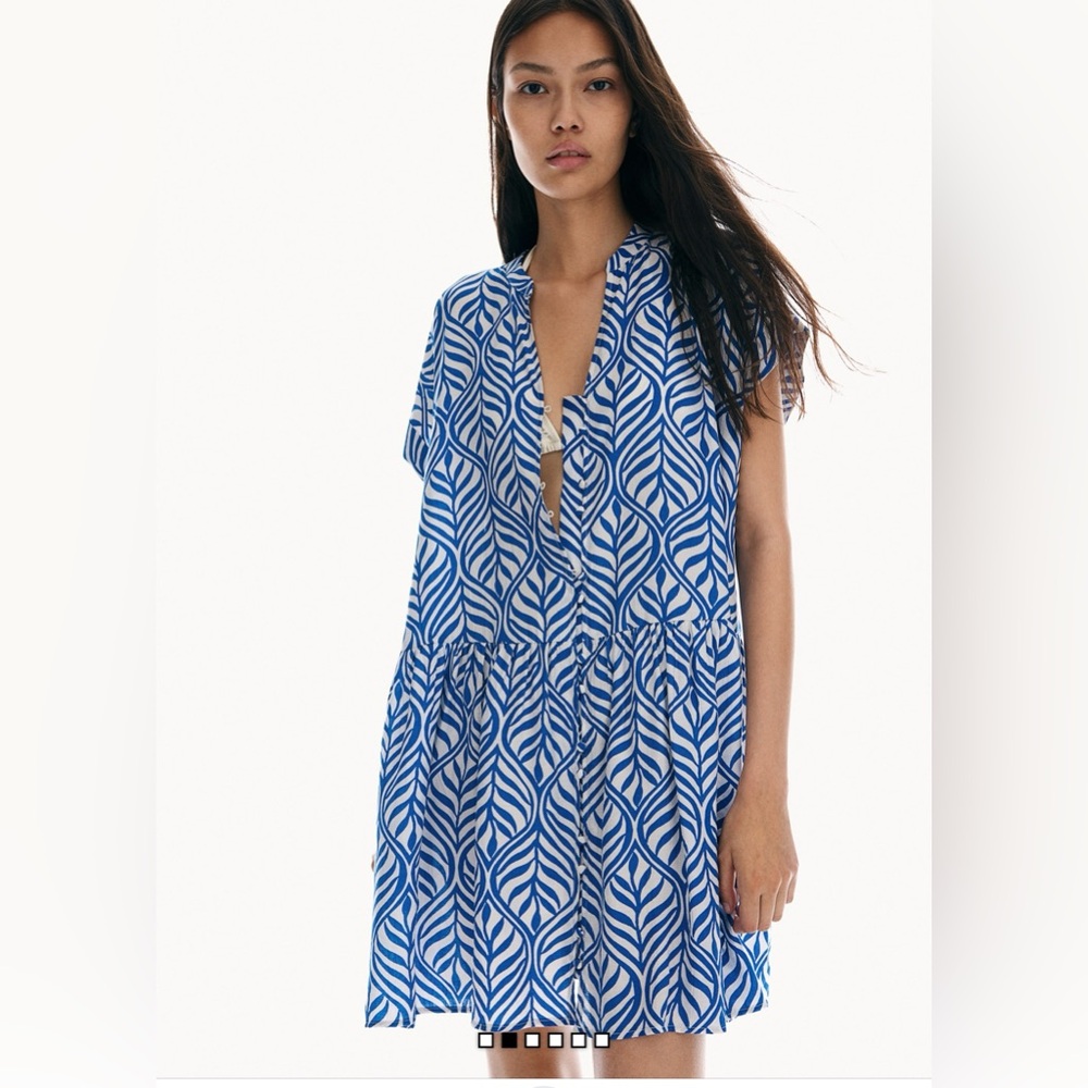 H & M Crinkle Mini Dress Royal Blue /White Short Sleeve Loose Fit Size M